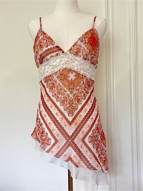 Y2K Boho Paisley Scarf Print Cami Lace Sequin Asymmetric Hem Coquette Festival M